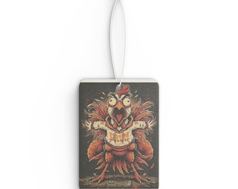 Crazy Rooster Illustration Car Air Freshener | Funny Chicken Art
