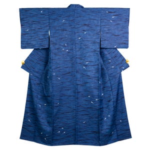 Indigo Aizome Komon Silk Kimono Robe Fish and Wave Pattern Vintage Japanese