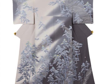 Kimono i siden i tallskog | Vintage Houmongi | Grå Dimming | Japanska besökskläder | Japan