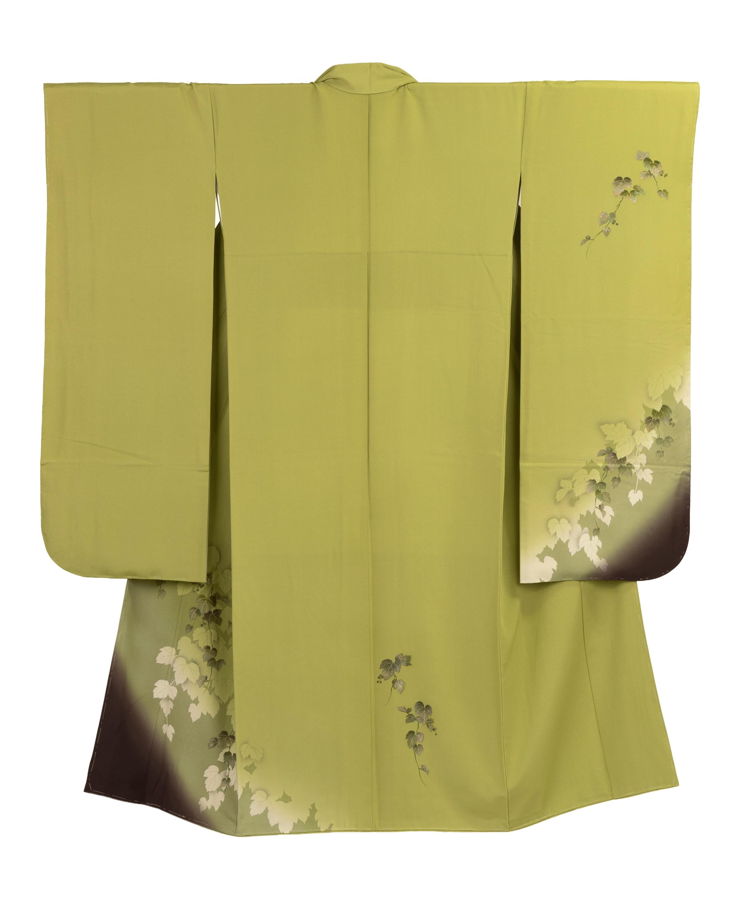Chartreuse Silk Kimono Robe | Vintage Furisode | Grape Leaf Hand ...