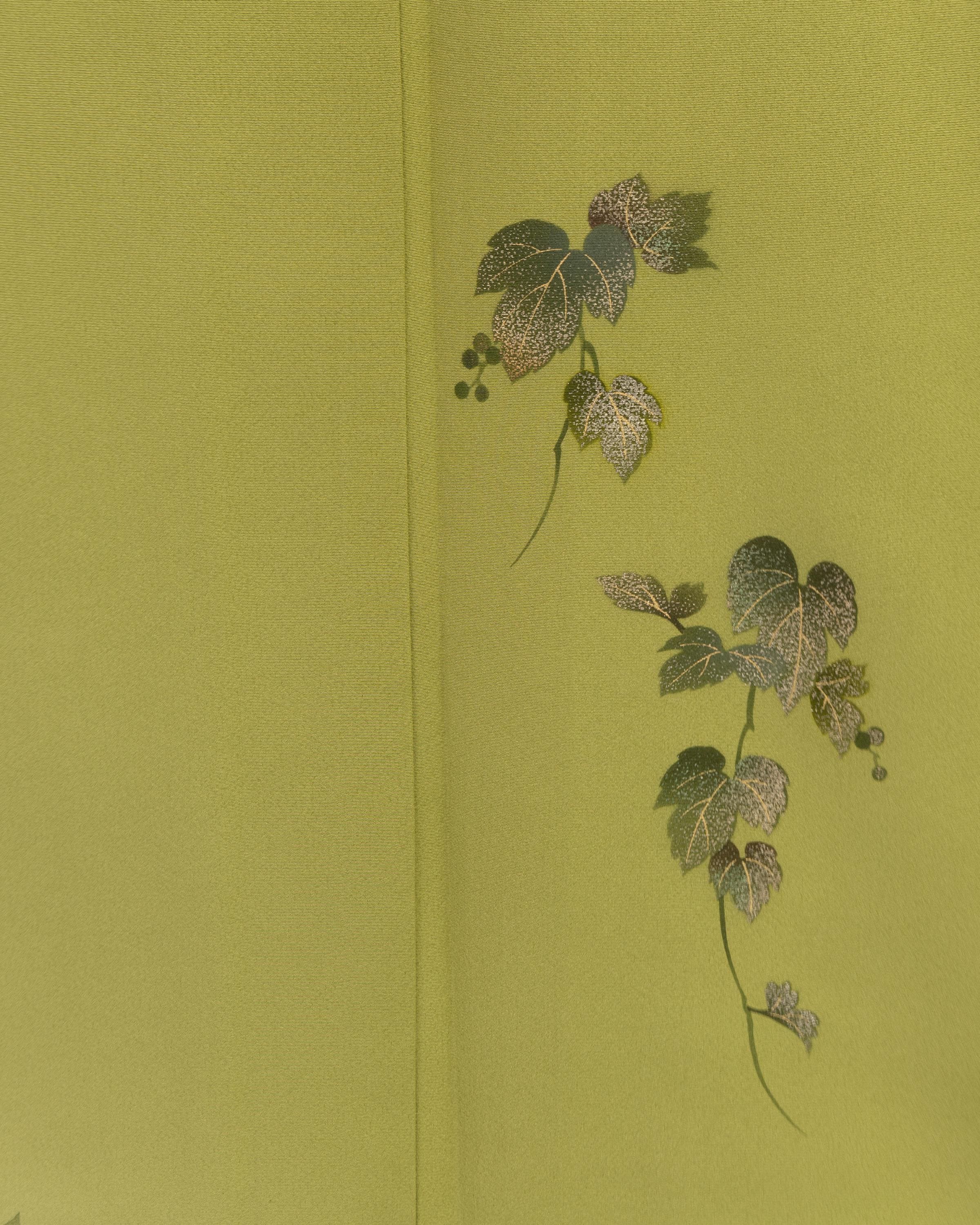 Chartreuse Silk Kimono Robe | Vintage Furisode | Grape Leaf Hand ...