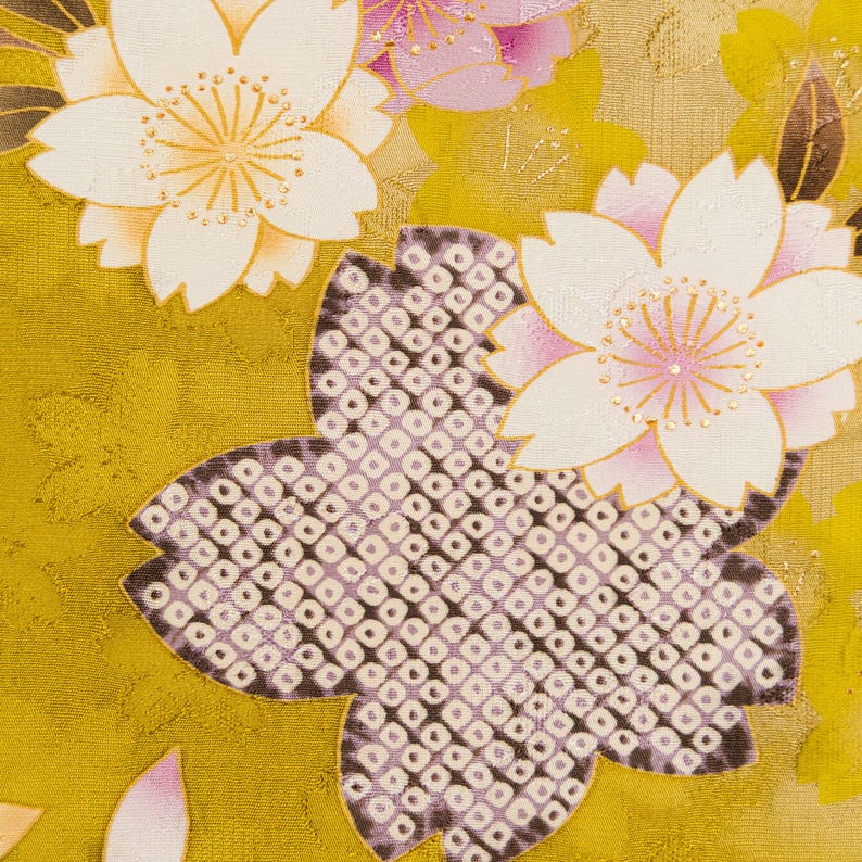 Furisode Sidenkimono - Senapsgult Sakura Körsbärsblom, Vintage Japansk kimono bild 4