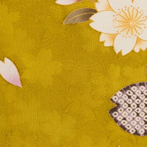 Furisode Sidenkimono - Senapsgult Sakura Körsbärsblom, Vintage Japansk kimono bild 5