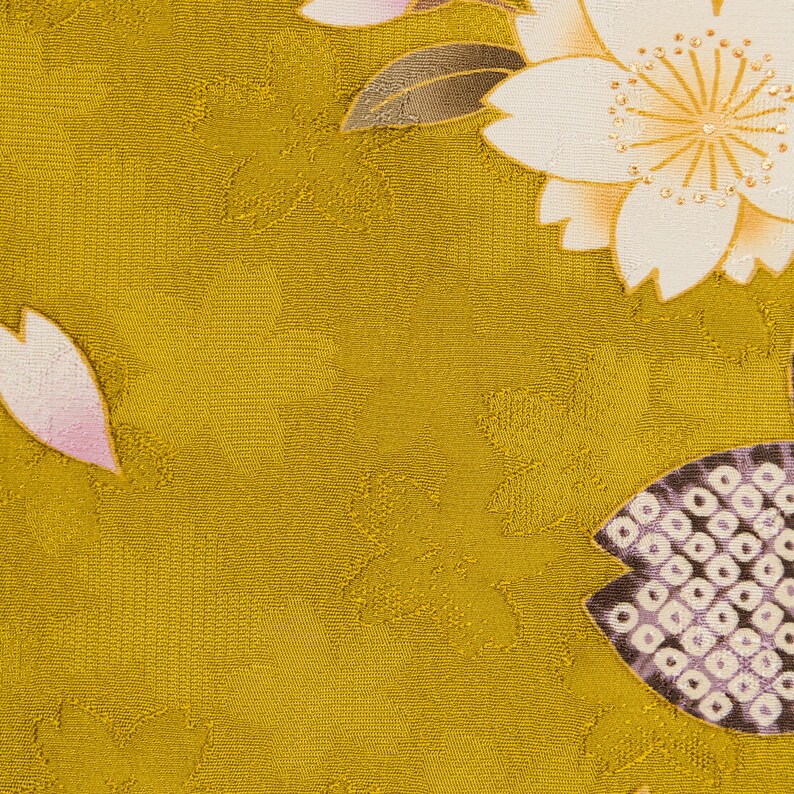 Furisode Sidenkimono - Senapsgult Sakura Körsbärsblom, Vintage Japansk kimono bild 5