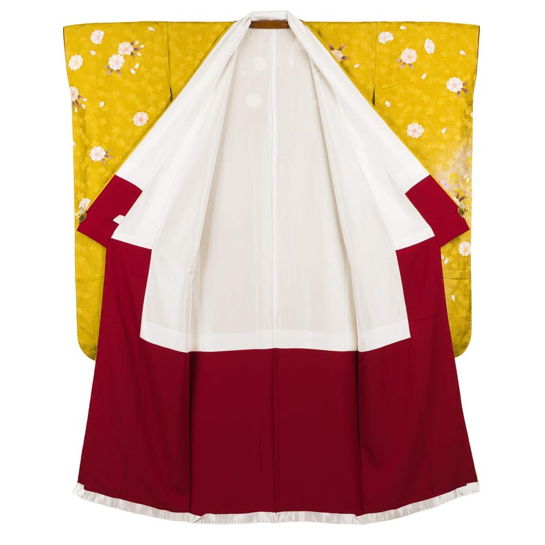 Furisode Sidenkimono - Senapsgult Sakura Körsbärsblom, Vintage Japansk kimono bild 2