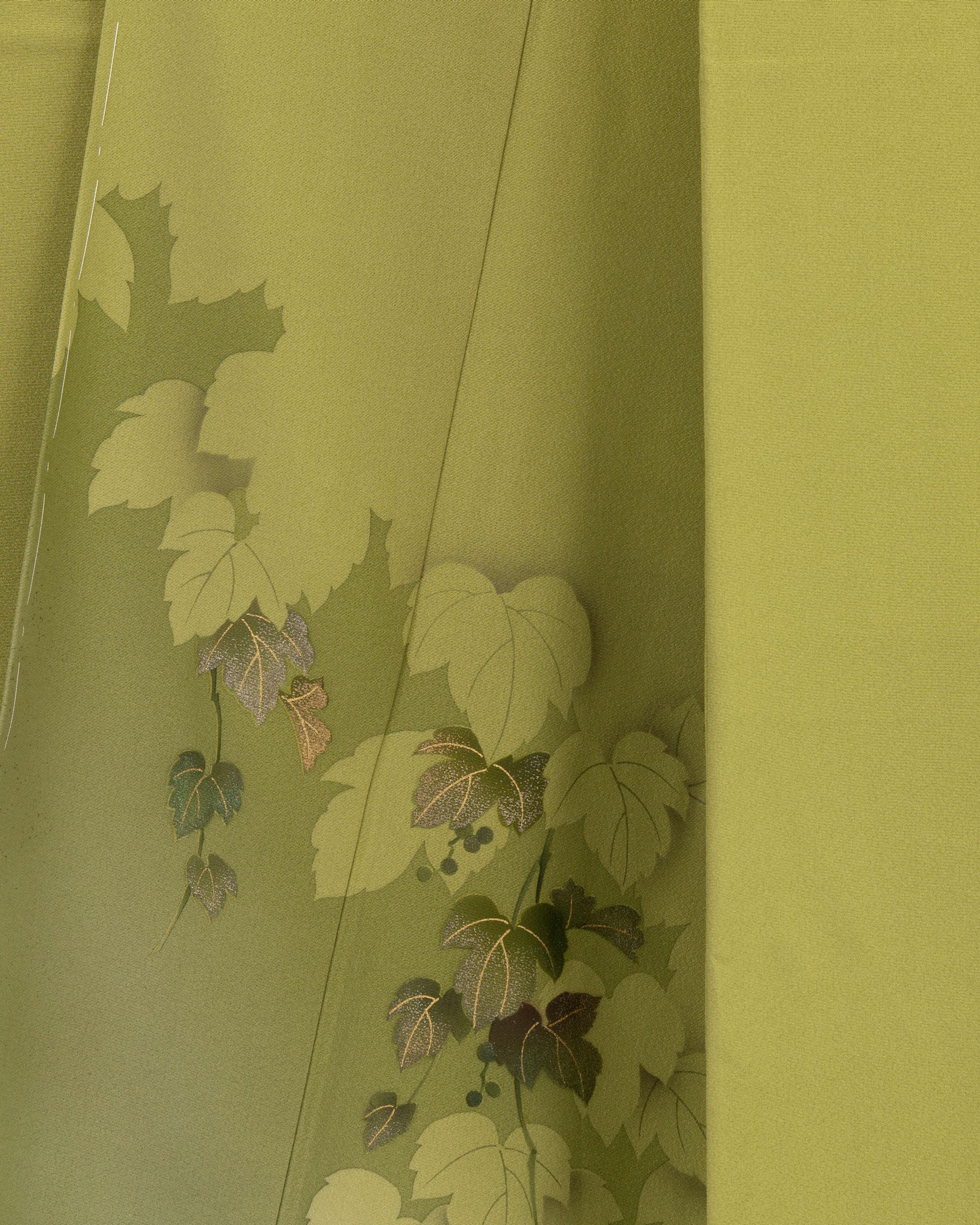 Chartreuse Silk Kimono Robe | Vintage Furisode | Grape Leaf Hand ...