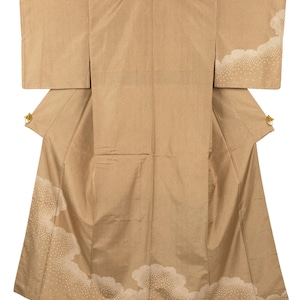 Vintage Silk Tsumugi Kimono | Beige Woven Silk Cloud Pattern | Pure Silk Japanese Clothing | Collectors Kimono Japan