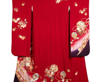 Furisode sidenkimono - Röd med blommotiv, vintage japansk kimono