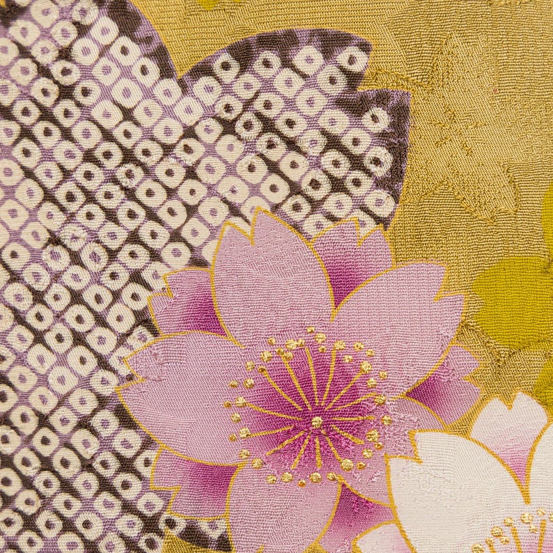 Furisode Sidenkimono - Senapsgult Sakura Körsbärsblom, Vintage Japansk kimono bild 3