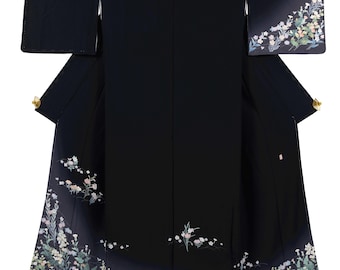 Svart sidenkimono-morgonrock | Vintage Houmongi | Blommönster med fyra årstider | Sällan använd | Japan