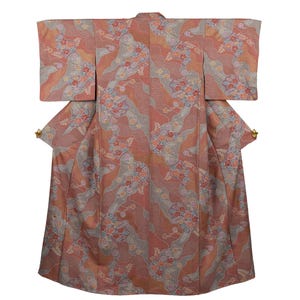 Coral Silk Kimono Robe | Vintage Komon | Flowing Streams & Florals | Japan