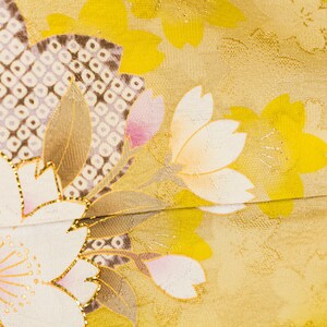 Furisode Sidenkimono - Senapsgult Sakura Körsbärsblom, Vintage Japansk kimono bild 10