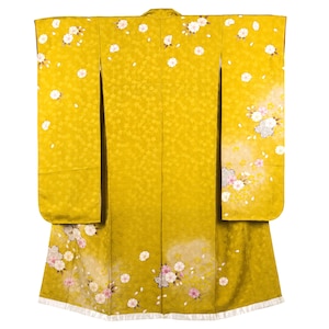 Furisode Sidenkimono - Senapsgult Sakura Körsbärsblom, Vintage Japansk kimono bild 1