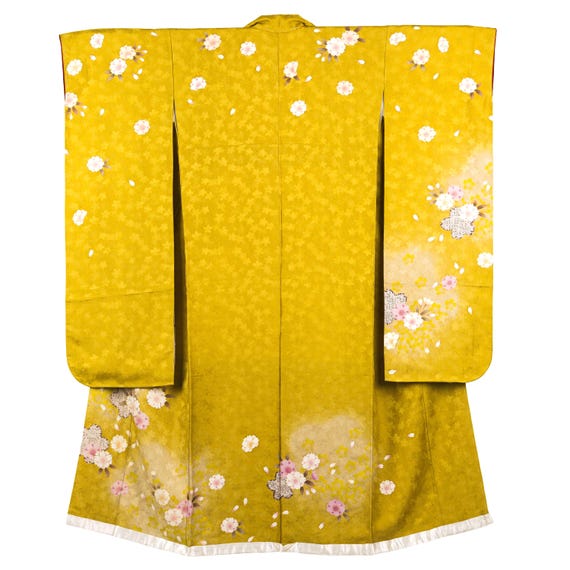 Furisode Silk Kimono -  Mustard Yellow Sakura Cherry Blossom, Vintage Japanese kimono