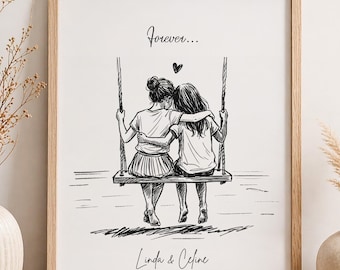 Personalized Sister Swing Line Art Print, Custom Names Minimalist Poster