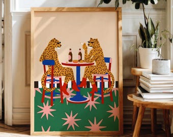 Funky Leopard Wall Art, Retro Bar Decor, Eclectic Animal Poster, Digital Download