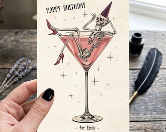 Personalized Goth Birthday Postcard, Skeleton Martini Card for Her, Funny Spooky 4x6 Card, Optional Custom Name