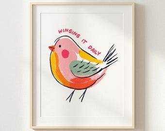 Funny Bird Wall Art, Winging It Daily Print, Colourful Bird Poster, Typography Art, Quirky Animal Wall Decor, Cute Bird Gift