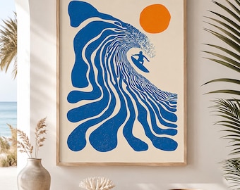 Retro Surfer Print | Abstract Blue Wave Coastal Wall Art (Unframed)