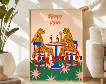 Funky Leopard Bar Wall Art, Happy Hour Poster, Quirky Animal Print, Eclectic Maximalist Decor, Mid Century Wall Art, Cocktail Bar Poster