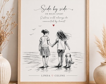Personalized Sister Line Art Poster, Custom Names Print, Minimalist Wall Art Gift