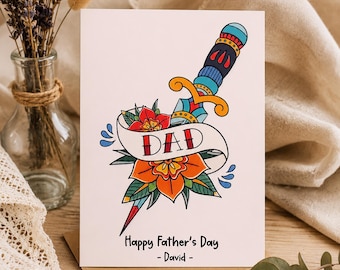 Personalized Father's Day Illustrated Card, Tattoo Style, Quirky, Unique, Custom Name Option, Gift for Dad