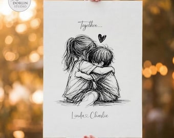 Personalized Sister and Brother Hug Wall Art, Digital Download, Custom Sibling Gift