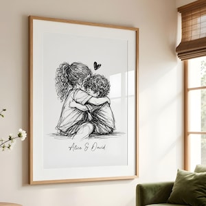 Op de afbeelding: Een zwart-wit schets in een lijst van twee kinderen die elkaar omhelzen, met een hart erboven. Het kunstwerk is gesigneerd "Alice & David" in cursief. De lijst is licht van kleur, en het kunstwerk staat op een witte achtergrond.