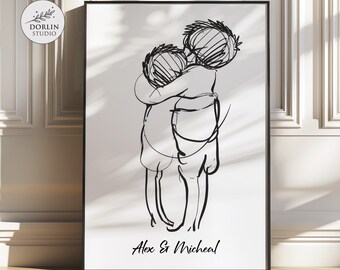 Personalized Brothers Hugging Line Art Print, Custom Name Sibling Poster, Minimalist Wall Decor
