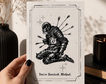 Personalized Gothic Knight Birthday Card, Medieval Knight Postcard, Custom Text, Funny You've Survived Gift