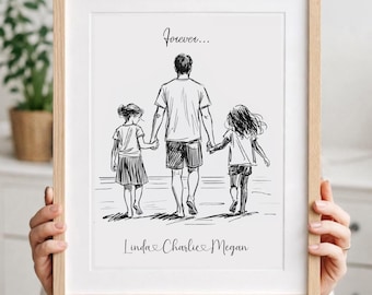 Personalized Dad with Two Daughters Line Art Print, Custom Family Portrait, Minimalist Home Decor