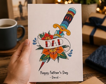 Personalized Father's Day Illustrated Card, Tattoo Style, Quirky, Unique, Custom Name Option, Dad Gift, Digital Download