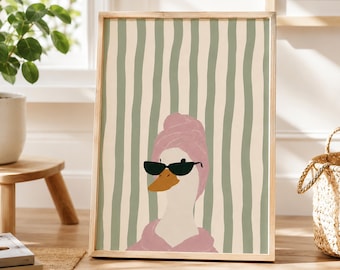 Funny Duck in Pink Towel, Quirky Bathroom Wall Art, Sage Green Striped Print, Eclectic Guest Bath Decor