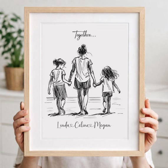 Personalized Mother with Two Daughters Line Art Poster, Custom Family Name Gift for Mom