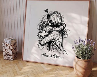 Custom Mother Daughter Line Art from Photo, Personalized Digital Portrait