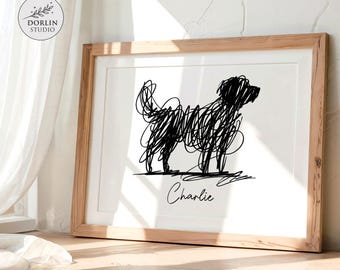Personalized Dog Name Print, Scribble Line Drawing, Minimalist Wall Decor, Memorial Gift