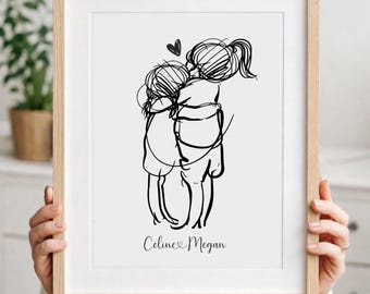 Personalized Sister Hug Poster, Custom Line Drawing Art Print, Minimalist Family Wall Art Gift