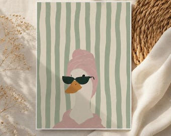 Funny Duck in Pink Towel, Sage Green Striped Print, Eclectic Guest Bath Decor (Digital Download)