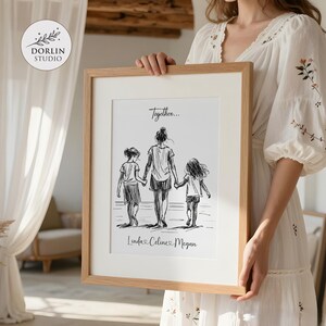 Personalized Mother with Two Daughters Line Art Poster, Custom Family Name Gift for Mom image 2