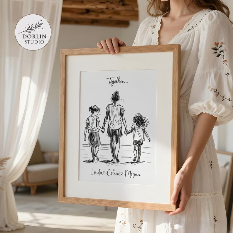 Personalized Mother with Two Daughters Line Art Poster, Custom Family Name Gift for Mom image 2