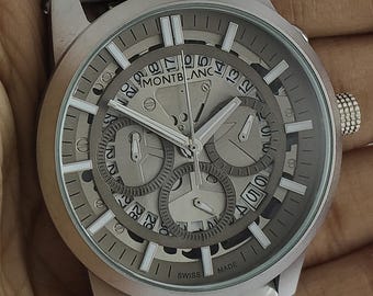 Vintage Montblanc Chronograph Men's Watch: Grey Dial, Stainless Steel, Date, All Working