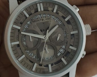 Vintage Montblanc Chronograph Men's Wrist Watch: Grey Dial, Stainless Steel, All Working