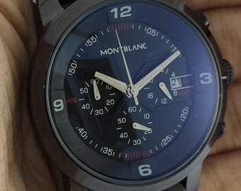 Vintage Montblanc Chronograph Watch: Black Dial, Stainless Steel Case Men's Watch