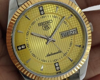 Vintage Seiko 5 Automatic Gold Dial Dual Tone Band Men's Wrist Watch Serviced
