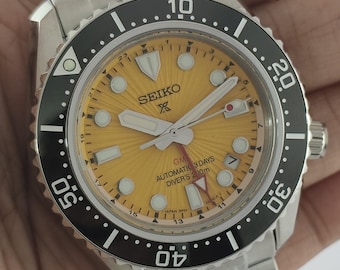 Reloj Seiko Prospex GMT automático vintage para hombre, esfera amarilla, acero inoxidable, 42 mm.
