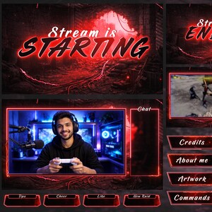 May include: A red and black streaming overlay design with the text "Stream is Starting" and "Stream is Ending". Includes a video feed, chat box, and social media buttons. The design has a futuristic, digital aesthetic.