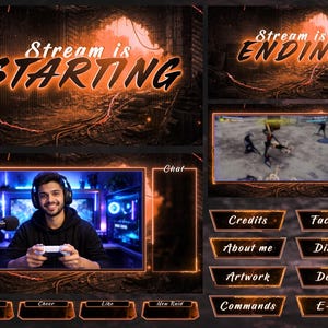 May include: A digital overlay for live streaming, featuring an orange and black color scheme. The design includes text that reads "Stream is Starting" and "Stream is Ending", along with social media and chat elements. A gamer is visible in the center.