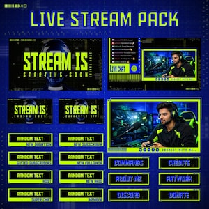 May include: A digital graphic design for live streaming, with a blue and neon green colour scheme. The design includes overlays with text like "Stream Is Starting Soon," "Live Chat," and various notification boxes. The pack also includes a gamer.