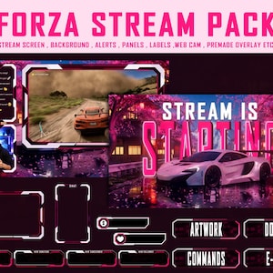 May include: A digital Forza Stream Pack graphic in pink and white. It features stream screens, backgrounds, alerts, panels, labels, a webcam, and premade overlays. The text "STREAM IS STARTING" is displayed with a white sports car.