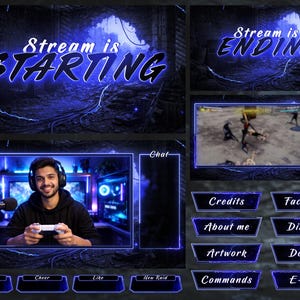 May include: A digital overlay for live streaming, featuring a dark blue and black color scheme with neon blue accents. The design includes text elements like "Stream is Starting" and "Stream is Ending", along with social media and chat boxes.